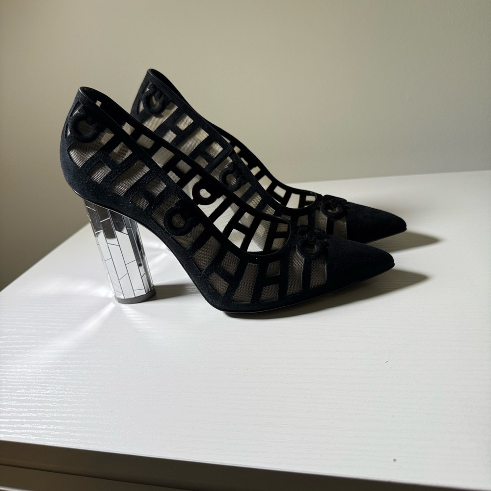 Salvatore Ferragamo Black Mesh Cutout Pumps with Mirrored Silver Block Heel